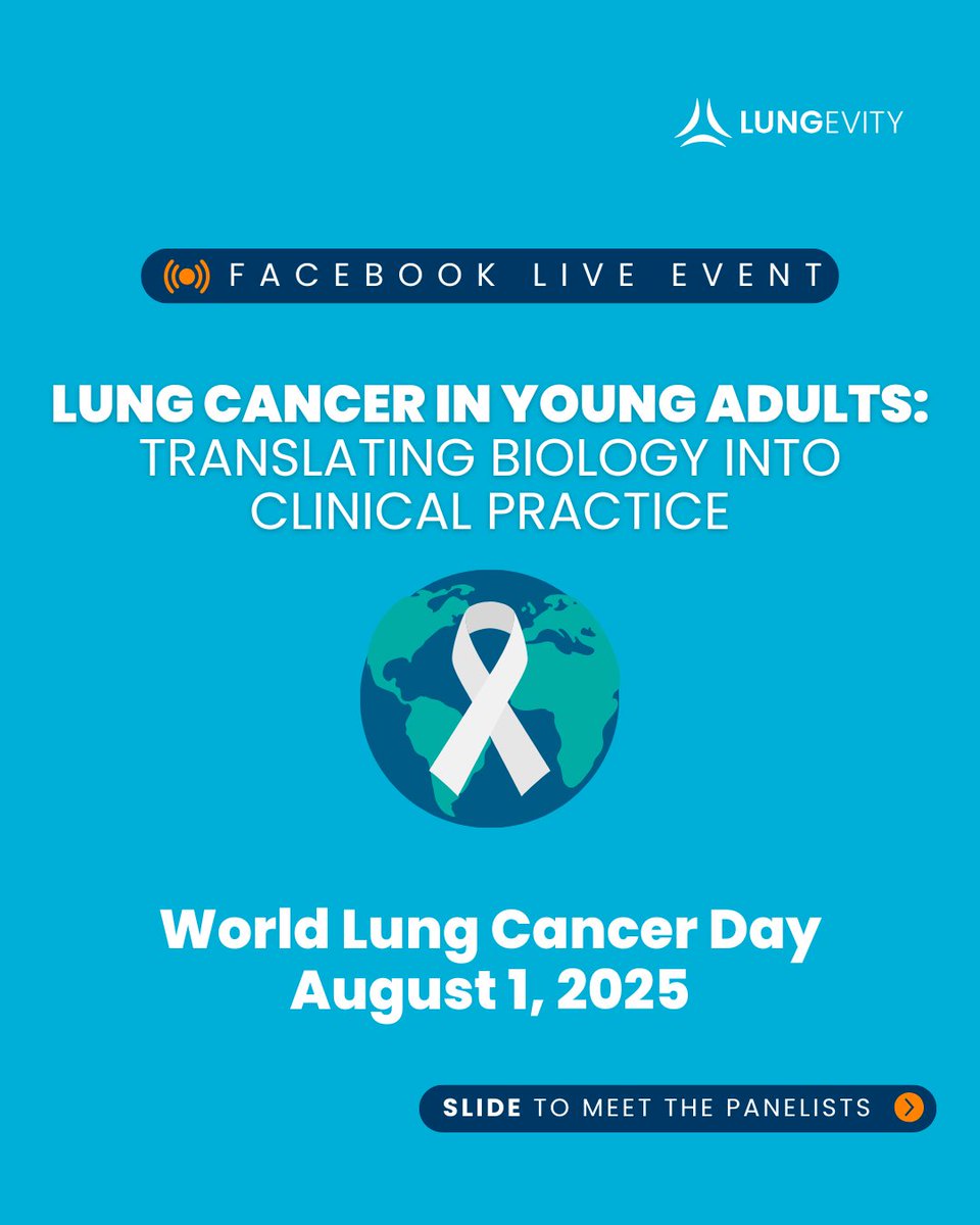 LUNGevity's tweet image. This World Lung Cancer Day, join us for a Facebook Live to discuss lung cancer in young adults and how biology translates to clinical practice. Submit your questions to the panelists in advance here: surveymonkey.com/r/NHNLK7P
Tune in at 8/1 by visiting facebook.com/lungevity