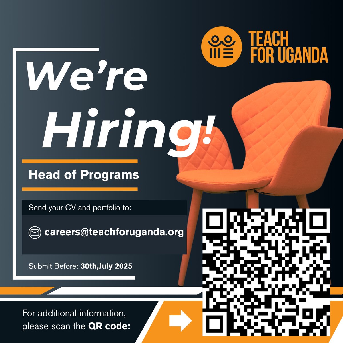 Teach For Uganda (@teach4ug) on Twitter photo 🚨 We’re hiring: Head of Programs!
Are you a passionate, strategic leader ready to transform education in Uganda? Apply now and be part of something impactful.
đź“© careers@teachforuganda.org
⏰ Deadline: 30th July 2025
🔗 Scan QR or Click for more info: teachforuganda.org/docs/jobs/head… 🚨 We’re hiring: Head of Programs!
Are you a passionate, strategic leader ready to transform education in Uganda? Apply now and be part of something impactful.
đź“© careers@teachforuganda.org
⏰ Deadline: 30th July 2025
🔗 Scan QR or Click for more info: teachforuganda.org/docs/jobs/head…