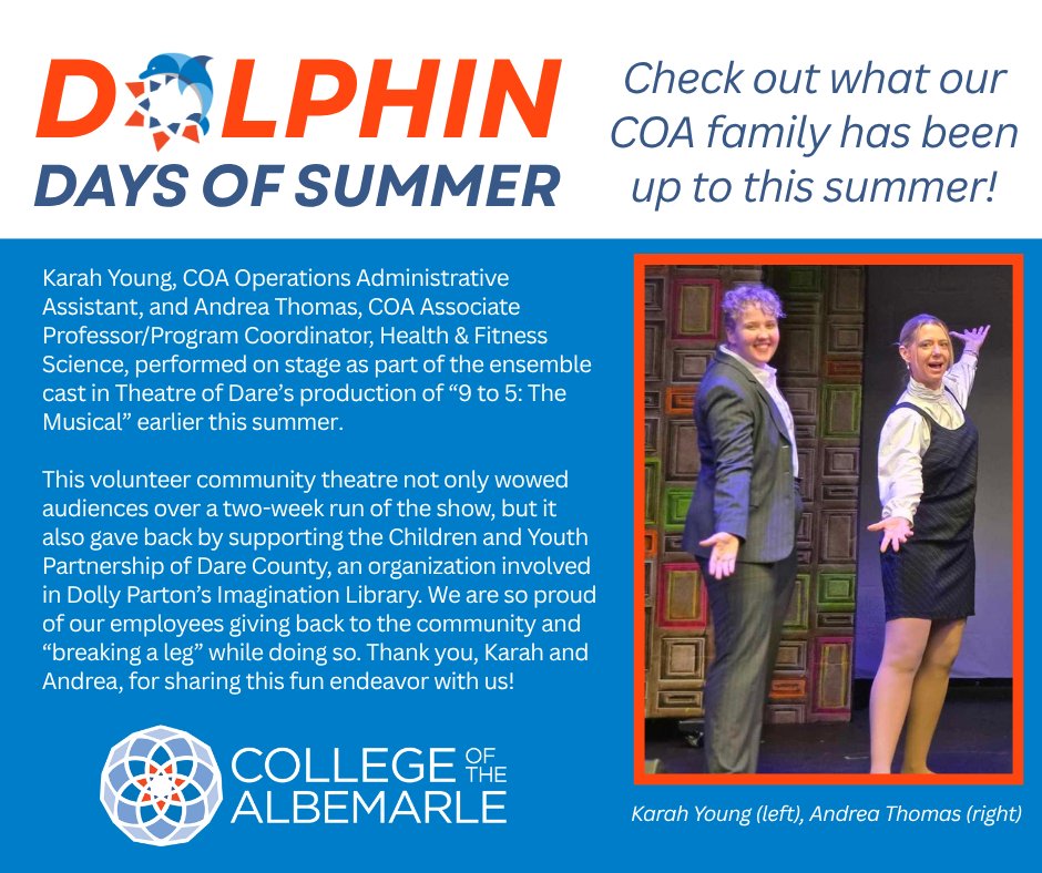 College of The Albemarle (@coa_dolphins) on Twitter photo π¬βοΈ πΏππππππ πΏπΌππ ππ ππππππ πππππππππ βοΈπ¬
This week's Dolphin Days of Summer is Karah Young, COA Operations Administrative Assistant, and Andrea Thomas, COA Associate Professor/Program Coordinator, Health & Fitness Science!
#TransformYourTomorrow π¬βοΈ πΏππππππ πΏπΌππ ππ ππππππ πππππππππ βοΈπ¬
This week's Dolphin Days of Summer is Karah Young, COA Operations Administrative Assistant, and Andrea Thomas, COA Associate Professor/Program Coordinator, Health & Fitness Science!
#TransformYourTomorrow