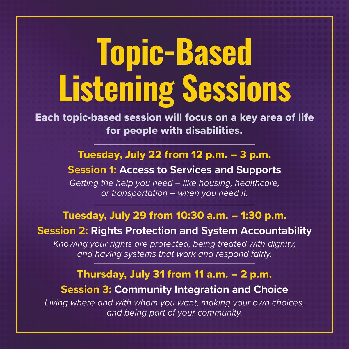 NYSOCFS's tweet image. Help ensure people with disabilities can live in their communities with support. Join and share your story during these topic-based sessions to help New York reinvent the Olmstead Plan. #NYSOCFS #ADA35

Register to speak: forms.office.com/g/HE5eAUQ2b7