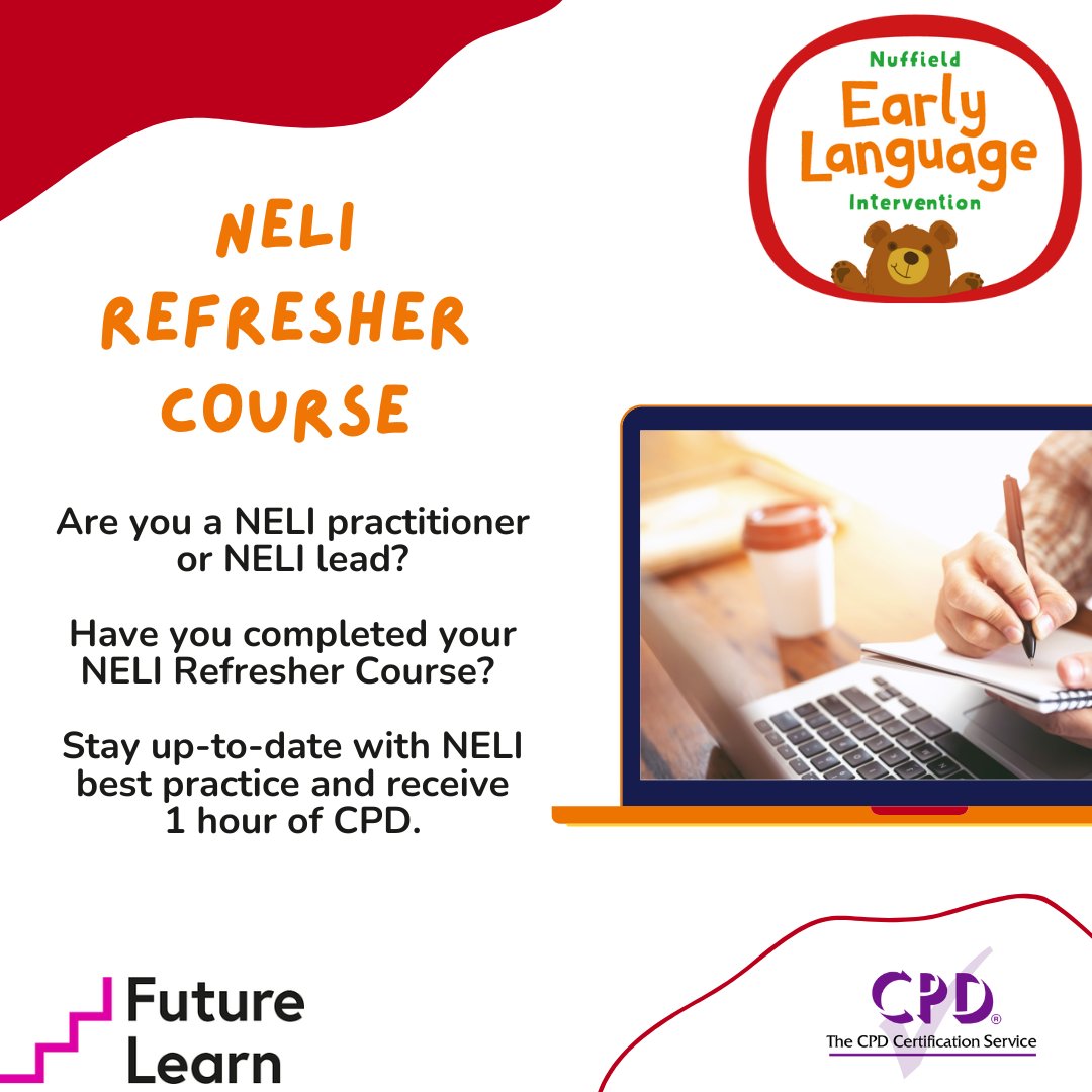teachNELI's tweet image. 👩💻Refresh your understanding of the essential elements of NELI, reflect on your own experience of delivering the programme, share good practice and ideas and see what other practitioners are saying about NELI!
Plus, this gives you 1 hour of CPD! Huge win-win🤩