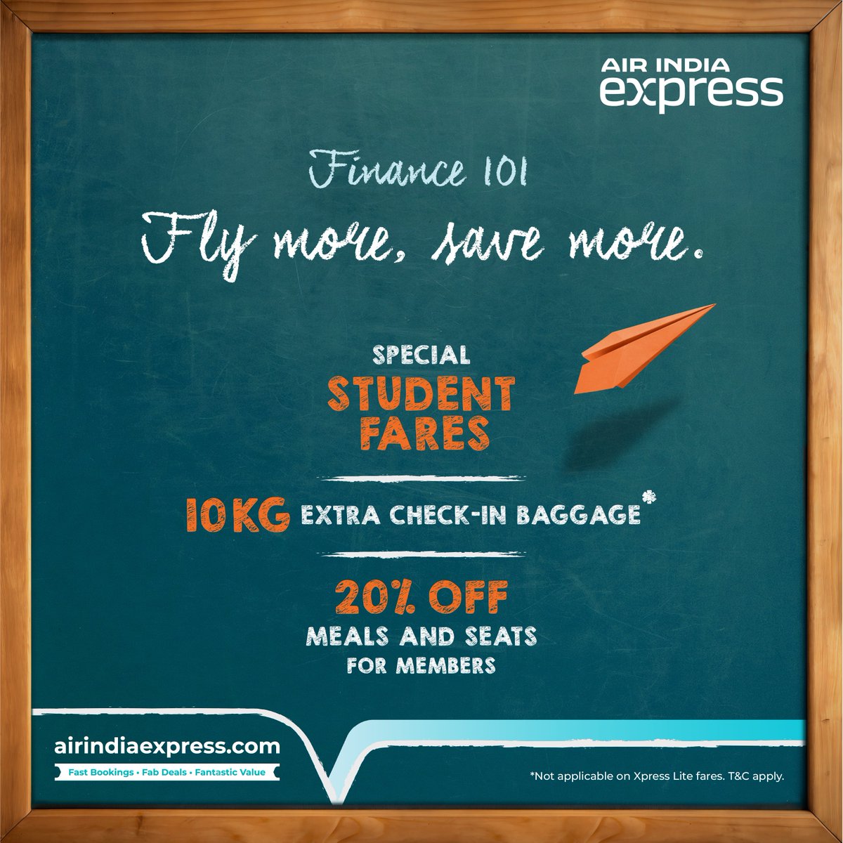 It’s time to #PackToClass!

🎒 Special student fares
🧳 10 kg extra check-in baggage
🍟 20% off meals &amp; seats for members

Book now on airindiaexpress.com and enjoy #FastBookings, #FabDeals &amp; #FantasticValue💻