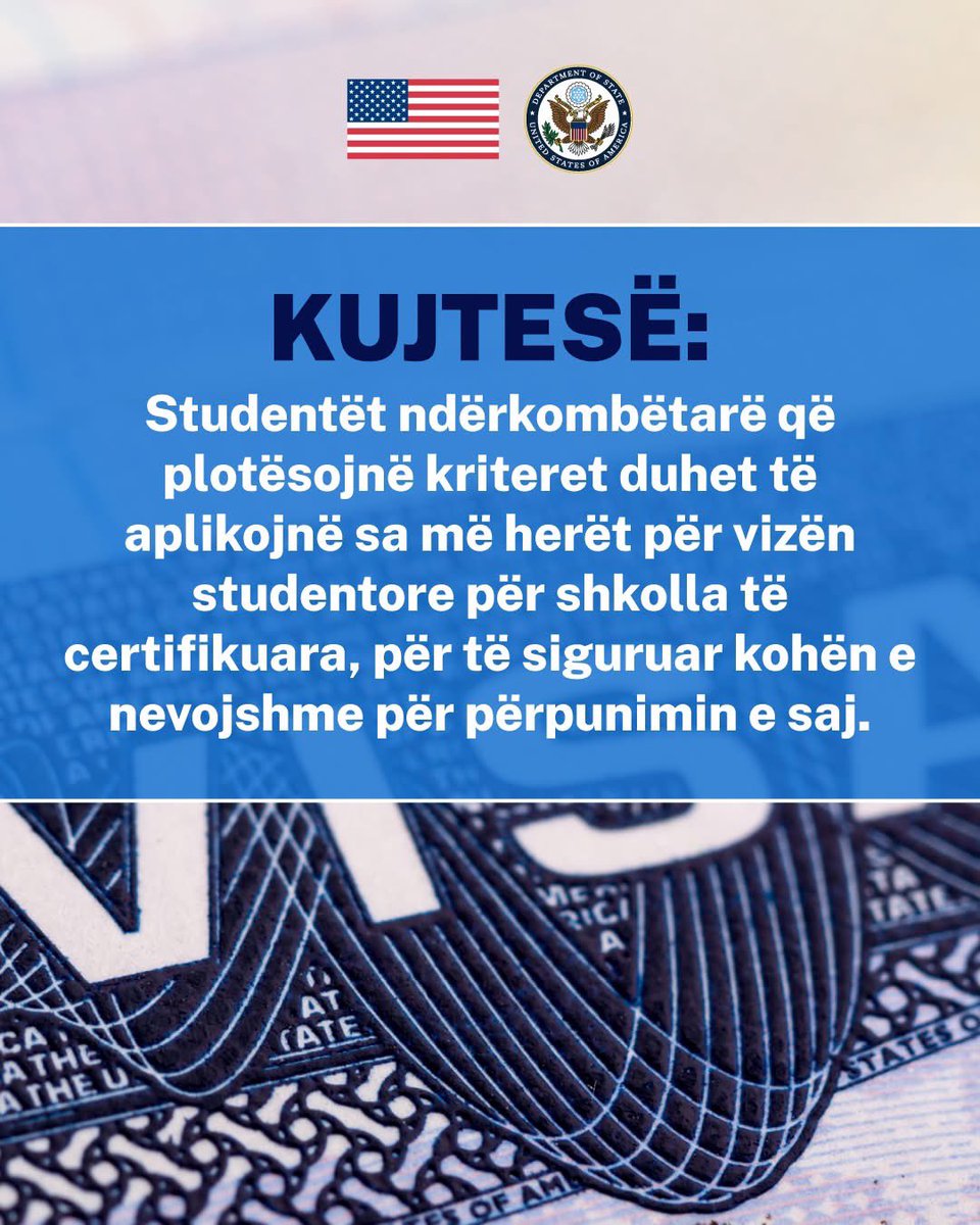 USEmbassyTirana's tweet image. Reminder: Qualified international students should apply early for their student visas to certified schools to ensure adequate time for processing.
📎 For more information visit: al.usembassy.gov
#securingusborders
@StateDept @TravelGov