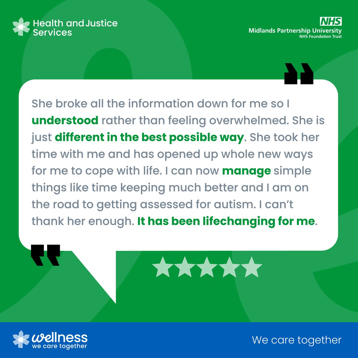 WellnessMPFT's tweet image. &quot;It has been lifechanging for me&quot; 💬

This #FeedbackFriday we’re celebrating amazing feedback for our @mpftnhs Health &amp;amp; Justice service.

Hearing how we transform lives is what drives us. Thank you to everyone who shares their story 💙