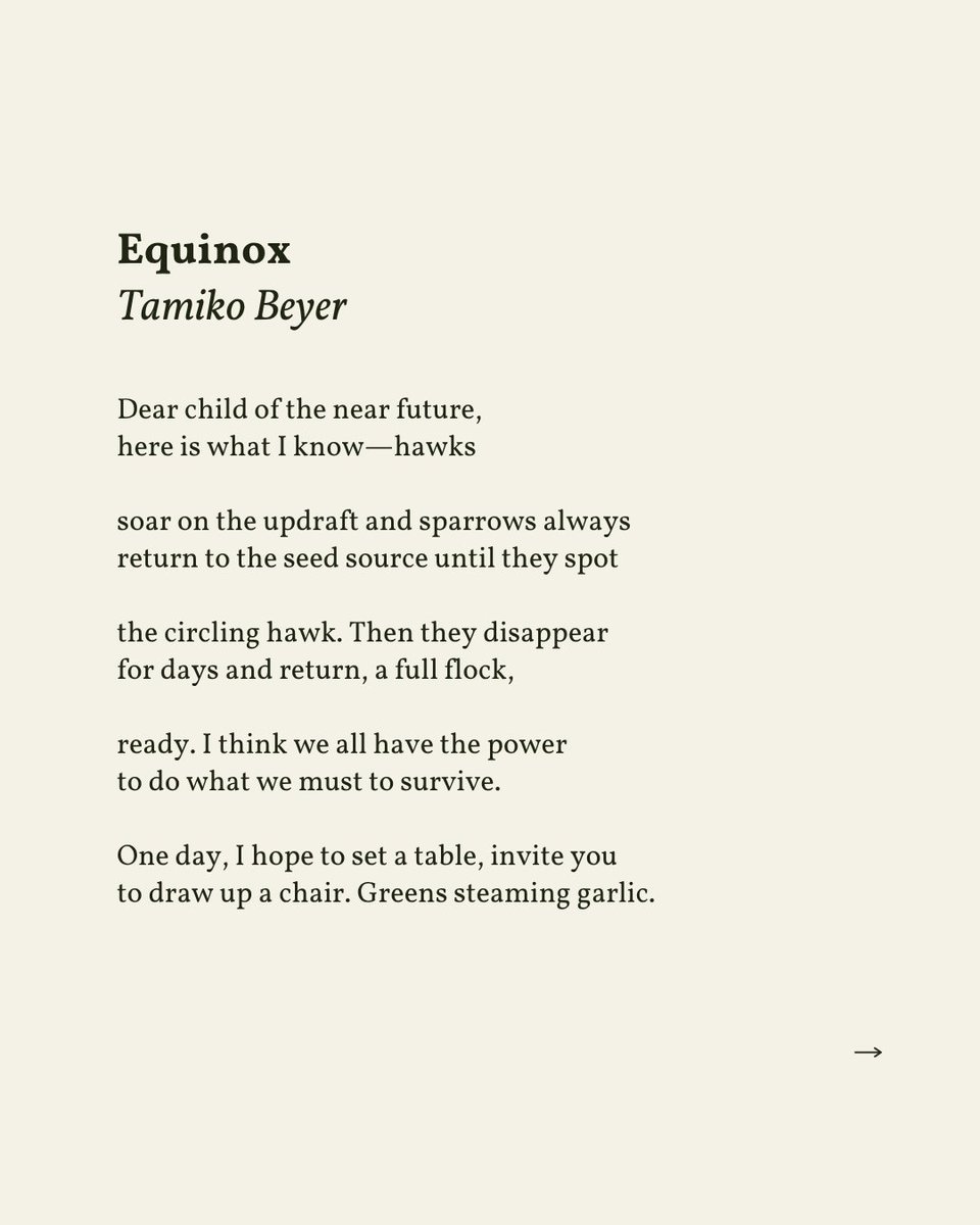 readalittlepoem's tweet image. “I think we all have the power / to do what we must to survive. / One day, I hope to set a table, invite you / to draw up a chair.”
— Tamiko Beyer
.
.
.
This poem appeared in Last Days by Tamiko Beyer, published by Alice James Books, 2021. Shared here with deep gratitude.