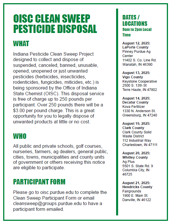 IndianaChemist's tweet image. OISC Clean Sweep is approaching!  Please go to oisc.purdue.edu/pesticide/clea… to complete the Clean Sweep Participant Form
#Pesticides #OISC