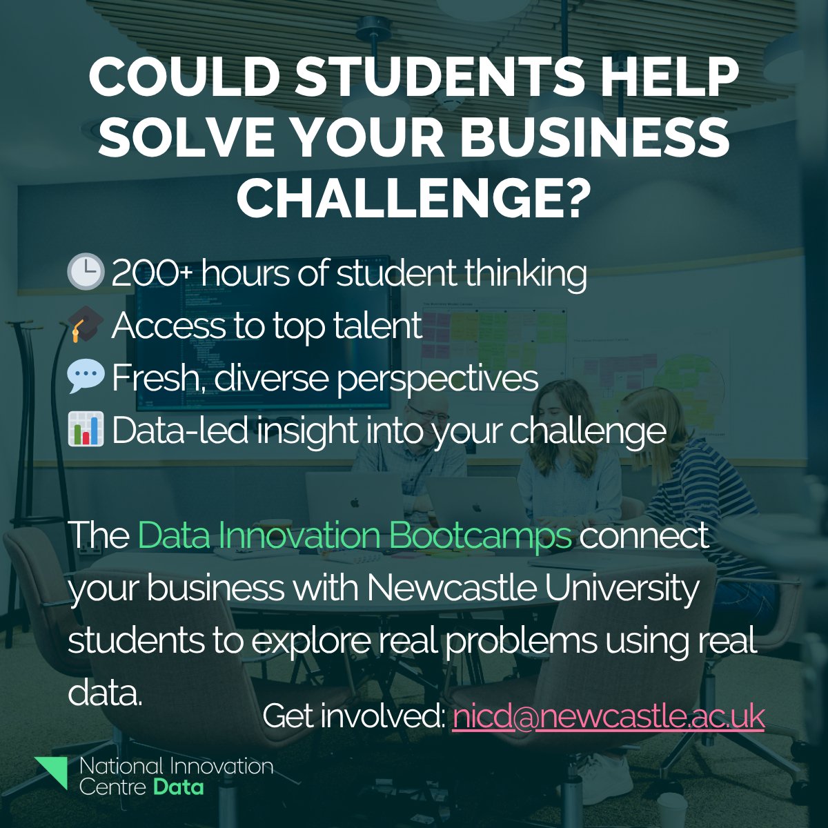 NICDATA's tweet image. Got a data challenge you’d love fresh thinking on?
NICD’s Data Innovation Bootcamps offer 200+ hours of @UniofNewcastle student brainpower to help your business explore new ideas using real data.
📩Get in touch to learn more & register your interest: nicd@newcastle.ac.uk