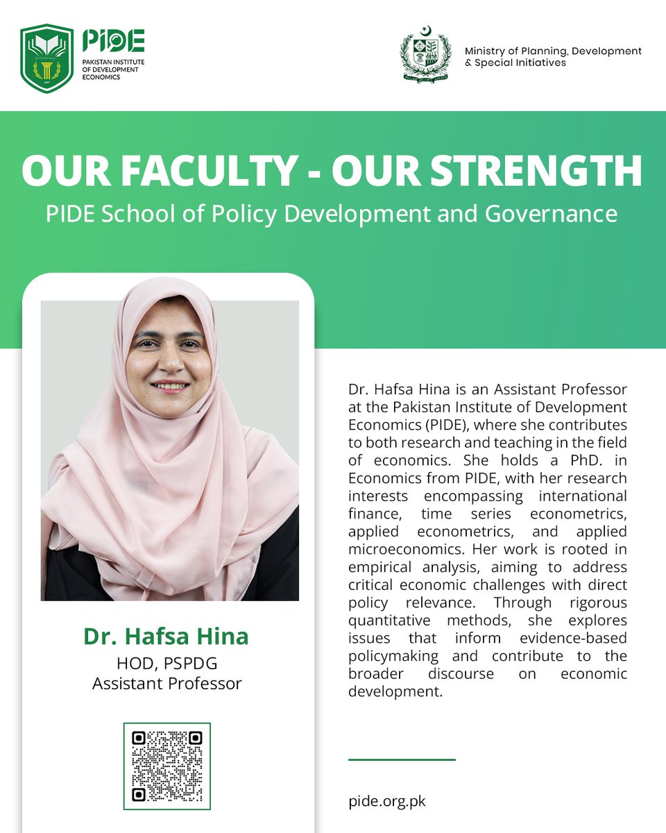 Pakistan Institute of Development Economics (PIDE) (@pidepk) on Twitter photo Guiding Future Economists with Data-Driven Insights – Dr. Hafsa Hina (<a href="/drhafsahina/">Hafsa Hina</a>), Assistant Professor | Head <a href="/DevelopmentStd/">PIDE School of Policy, Development & Governance</a>
From international finance to microeconomics, Dr. Hafsa Hina’s work bridges rigorous data analysis and impactful policymaking. With a Ph.D. from PIDE Guiding Future Economists with Data-Driven Insights – Dr. Hafsa Hina (<a href="/drhafsahina/">Hafsa Hina</a>), Assistant Professor | Head <a href="/DevelopmentStd/">PIDE School of Policy, Development & Governance</a>
From international finance to microeconomics, Dr. Hafsa Hina’s work bridges rigorous data analysis and impactful policymaking. With a Ph.D. from PIDE