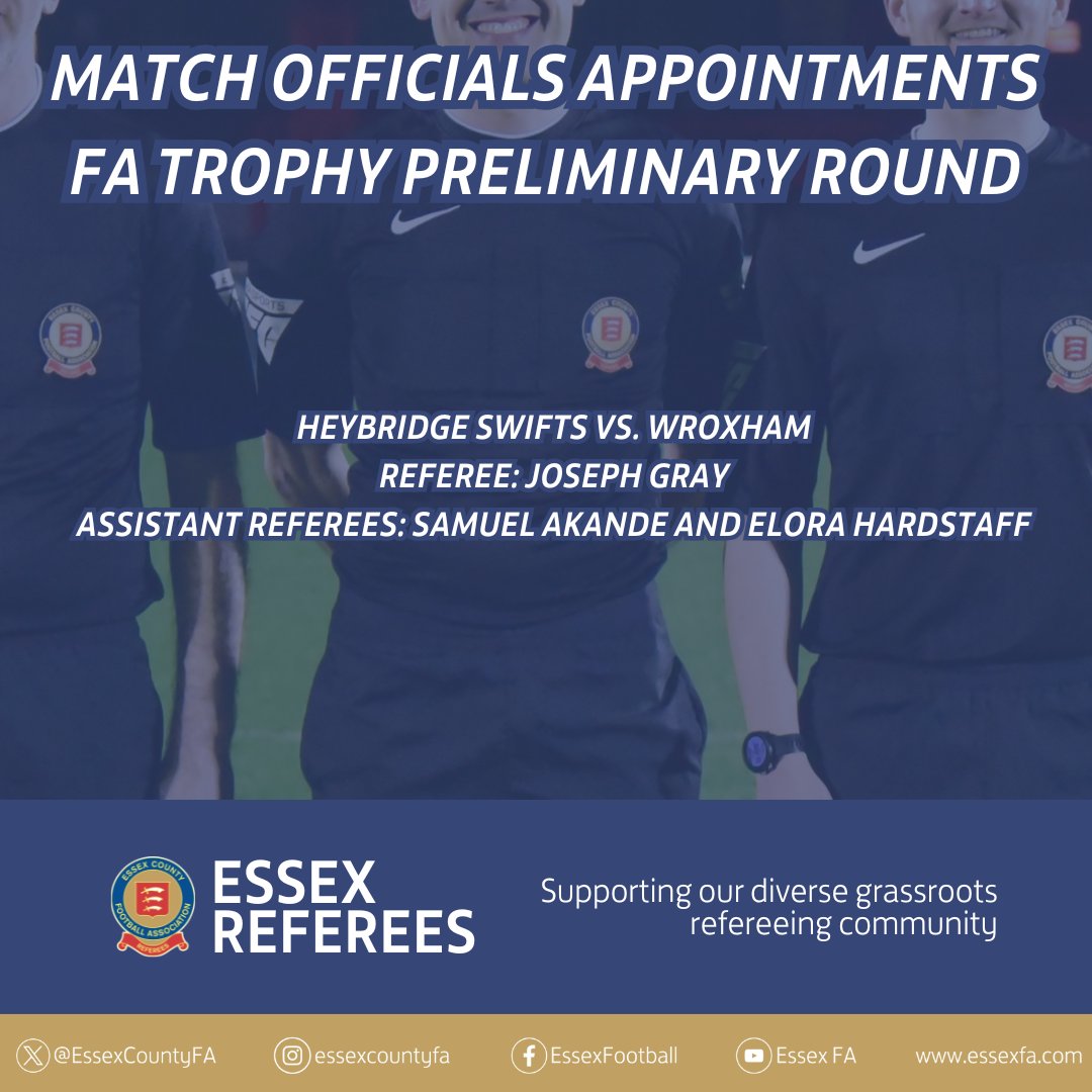 Congratulations to the 3⃣ <a href="/EssexCountyFA/">Essex County FA</a> match officials who have been appointed by <a href="/FARefereeing/">FA Refereeing</a> to the Preliminary Round of the FA Trophy 👏