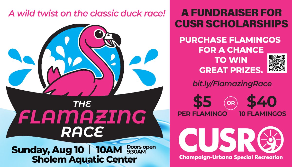 Introducing the first-ever Flamazing Race! 🦩🏁

Flamingos take the plunge down the lazy river slide at Sholem in a wild twist on the classic duck race all to support CUSR's Flamazing programs!

📅 Aug 10 
⏰ 10am
🔗 bit.ly/FlamazingRace