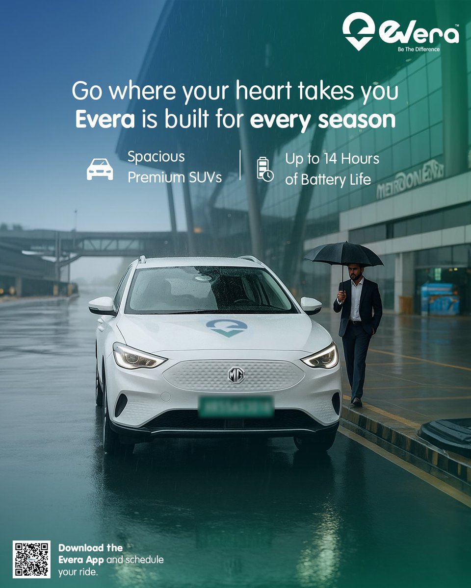 Rain on the radar? Don't worry, your <a href="/everacabs/">Everacabs</a> is here to take you anywhere you desire.

☔ Premium SUVs
🔋 14-hour battery

📲 Click the link qrcodes.pro/2g0L5e to download the app and schedule your ride today!

#MadeForEverySeason #RideEvera #ElectricRides #EVFleet