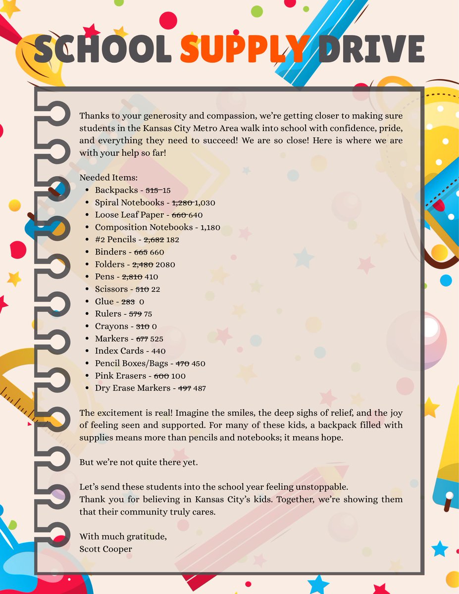 Thank you to everyone who has donated to ensure kiddos in the KC Metro area have access to school supplies for the upcoming year! We are so close to our goal of providing backpacks with supplies for over 700 kids! Please donate today! loom.ly/mVqYKv4