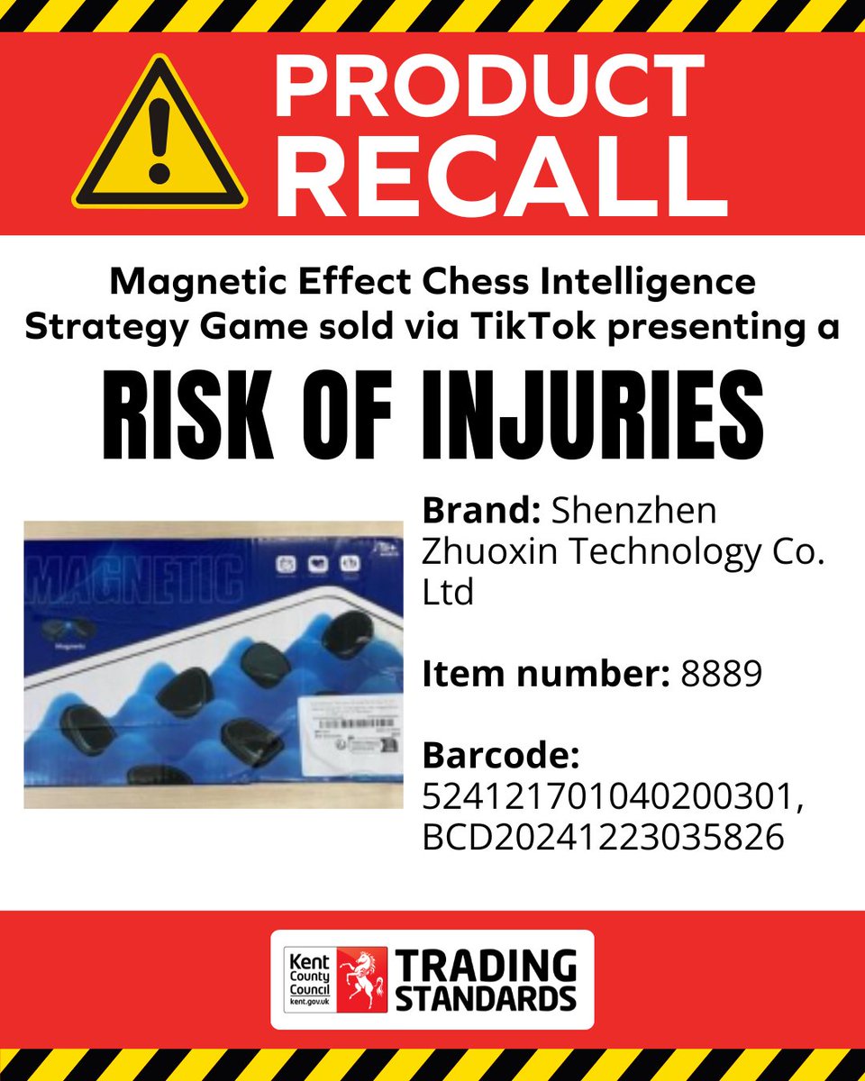 #ProductRecall ⚠️ Magnetic Effect Chess Intelligence Strategy Game sold via TikTok presenting a serious risk of injuries.

The product contains small magnets with a magnetic flux index greater than the permitted level.

🔴Product Details
Brand: Shenzhen Zhuoxin Technology Co. Ltd