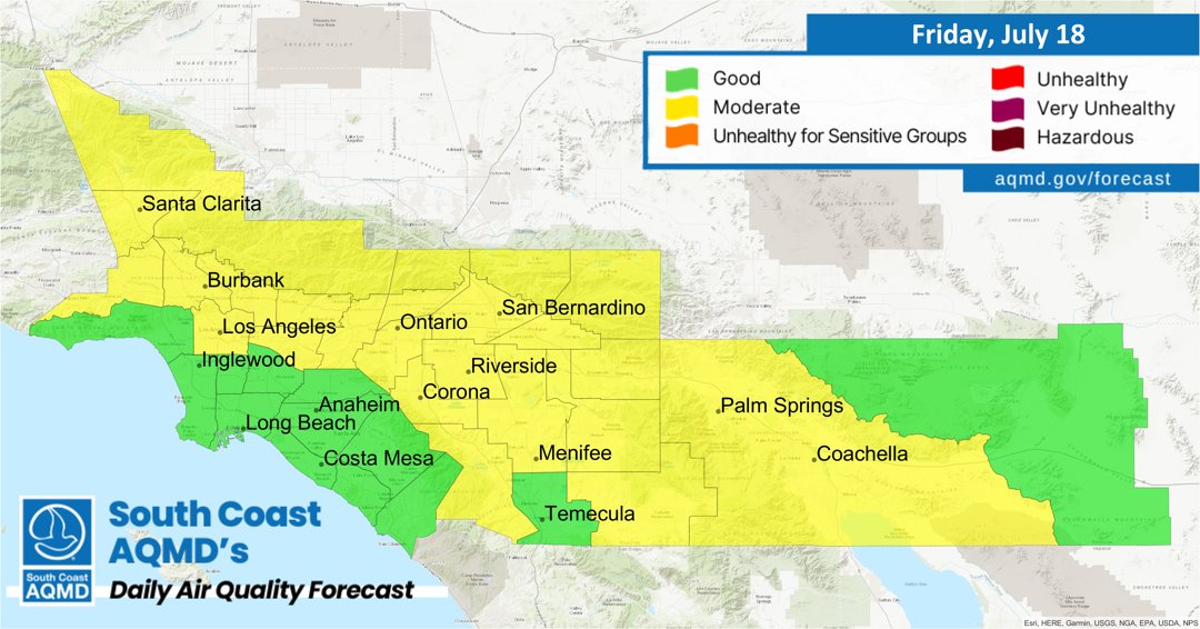 SouthCoastAQMD's tweet image. Air Quality Forecast (Friday, July 18th): aqmd.gov/forecast
🏖 Coastal: Good
🏙 LA: Good -to- Moderate
🌅 OC: Good
🌄 Inland Empire: Good -to- Moderate
🌴 Coachella Valley: Moderate
View our Real Time #AQI Map: aqmd.gov/aqimap