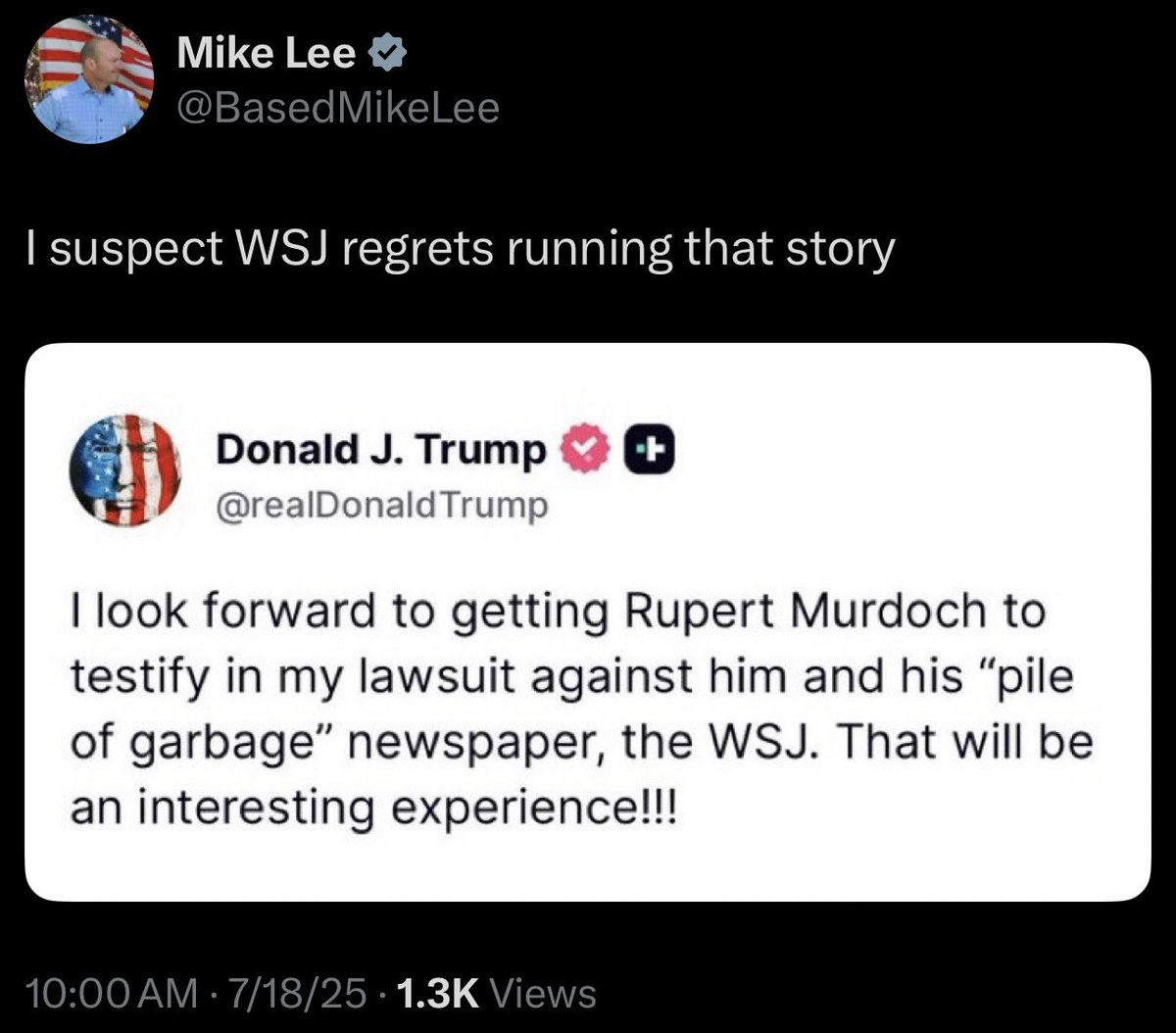 Yeah, I’m sure the editors, management and lawyers at WSJ are completely shocked that Trump posted a mean tweet and threatened a lawsuit. This must really have them scared. 🙄