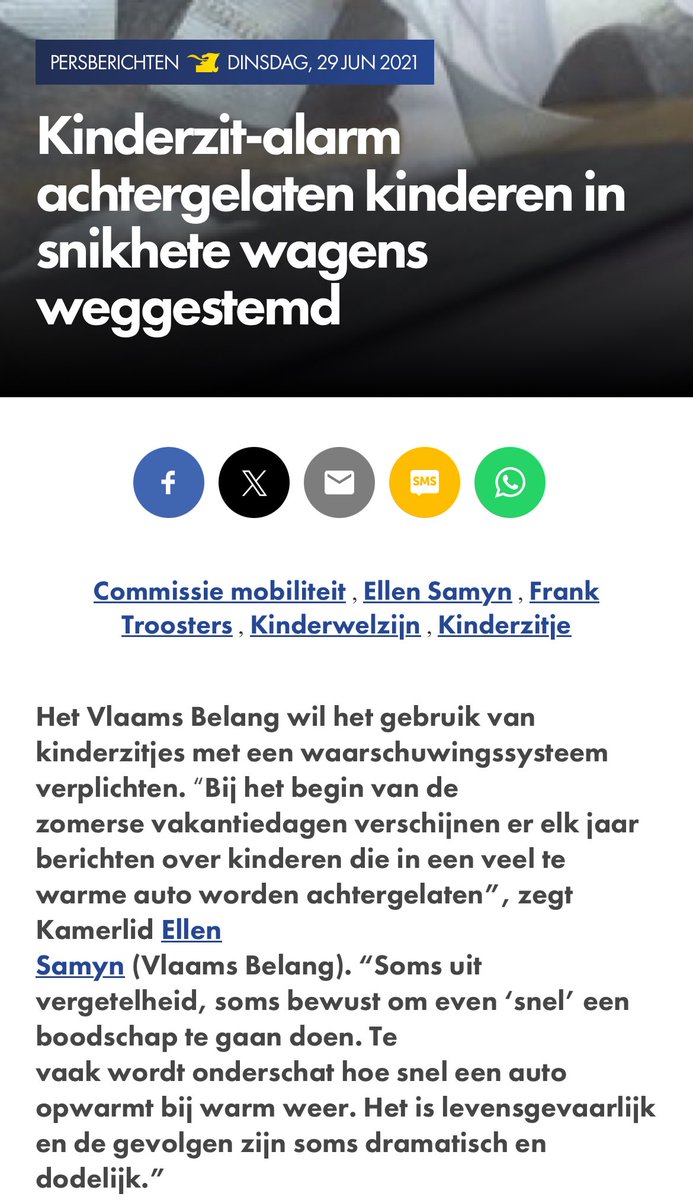 e_samyn's tweet image. ‘Baby van 15 maanden overleden nadat vader hem was vergeten in hete auto in Namen’ vrtnws.be/p.3B16WyGxJ
Reeds in 2021 diende @VB_Kamer een voorstel in om kinderzitjes van een alarm te voorzien. Het werd weggestemd. Dit had ook vandaag een leven kunnen redden.