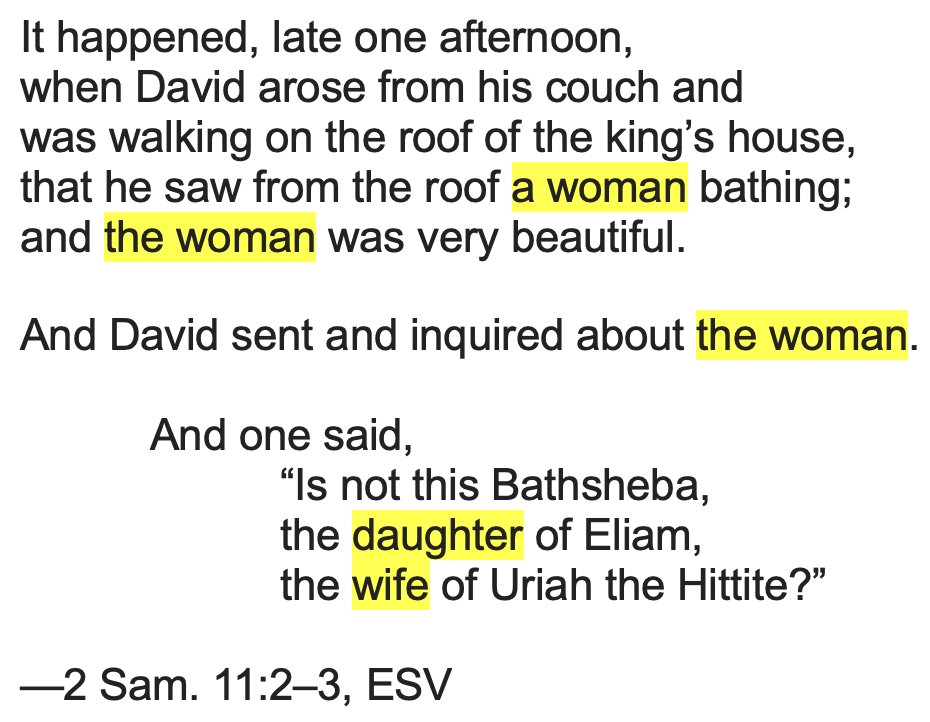 between2worlds's tweet image. This struck me afresh this morning. Right before David sins against God (cf. 2 Sam. 12:9; Ps. 51:4) through sexual sin, he is reminded that Bathsheba is someone's daughter and someone's wife.