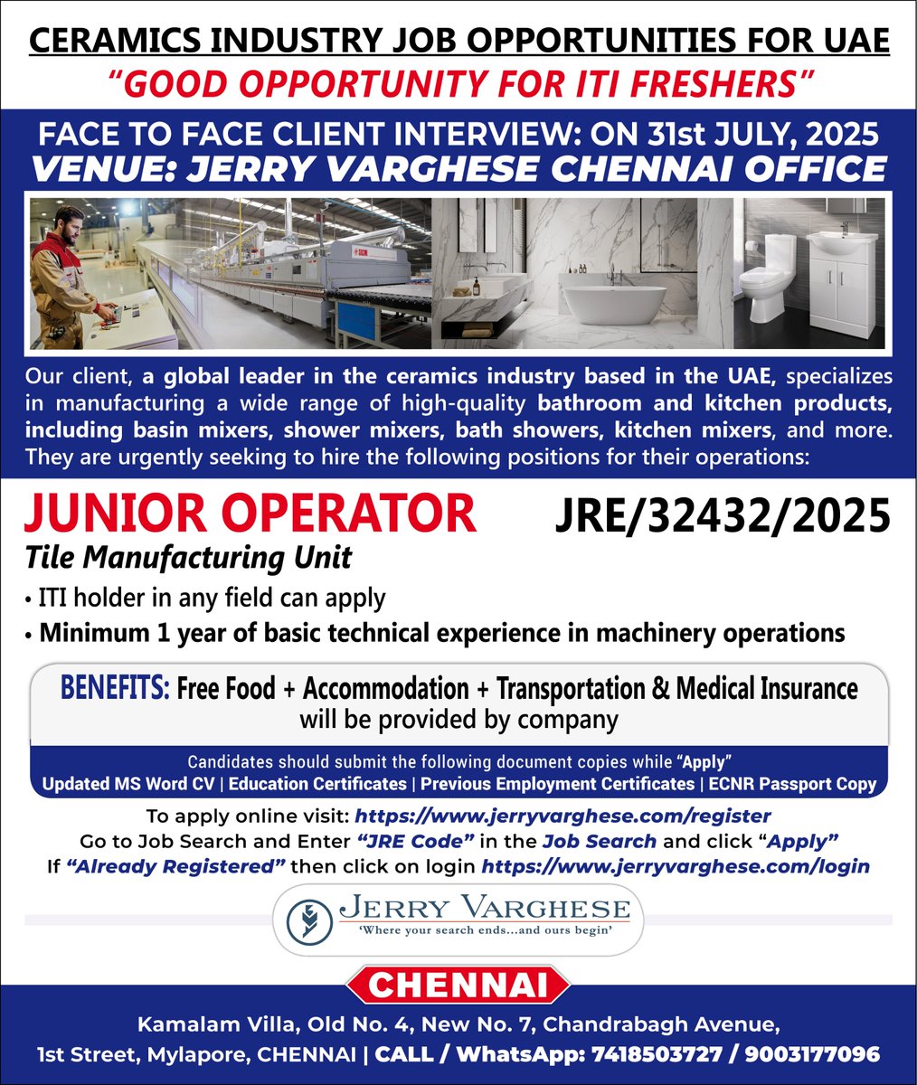 CERAMICS INDUSTRY Job Opportunities for UAE | Read the ad to know more about the vacancies and the qualifications / Exp. reqd. | Enter ‘JRE Code’ in the Quick Search Box and Apply | Do select “Internet/Online”, Source="Twitter" | All the Best.