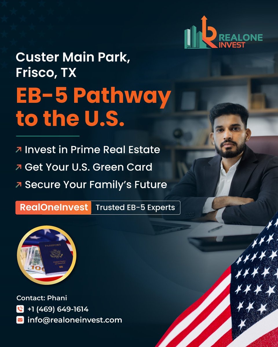 RealOneInvest's tweet photo. 🌎 Invest in premium real estate at Custer Main Park, Frisco, TX &amp; secure your U.S. Green Card through the #EB5Visa!
🏡 Safe. Smart. Strategic.
🔗 https://t.co/JohJzSb17Y
📞 Phani: +1 (469) 649-1614 | Srini: +1 (214) 784-0538
#EB5 #GreenCard #RealEstate https://t.co/zbSzmToV6z