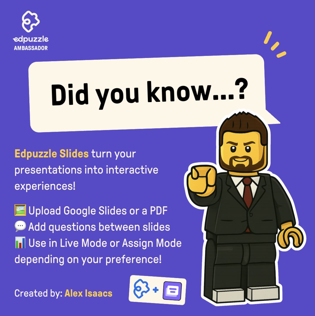 mr_isaacs_math's tweet image. The #EdpuzzleSummit was packed with π₯ ideas, inspiring sessions, & powerful new features. Today, my @LEGO_Group self is back with a fresh #Edpuzzle #edtech tip!
π§© @Edpuzzle #Slides let Ts build interactive presentations fast β upload, question, assign, & engage your #students!