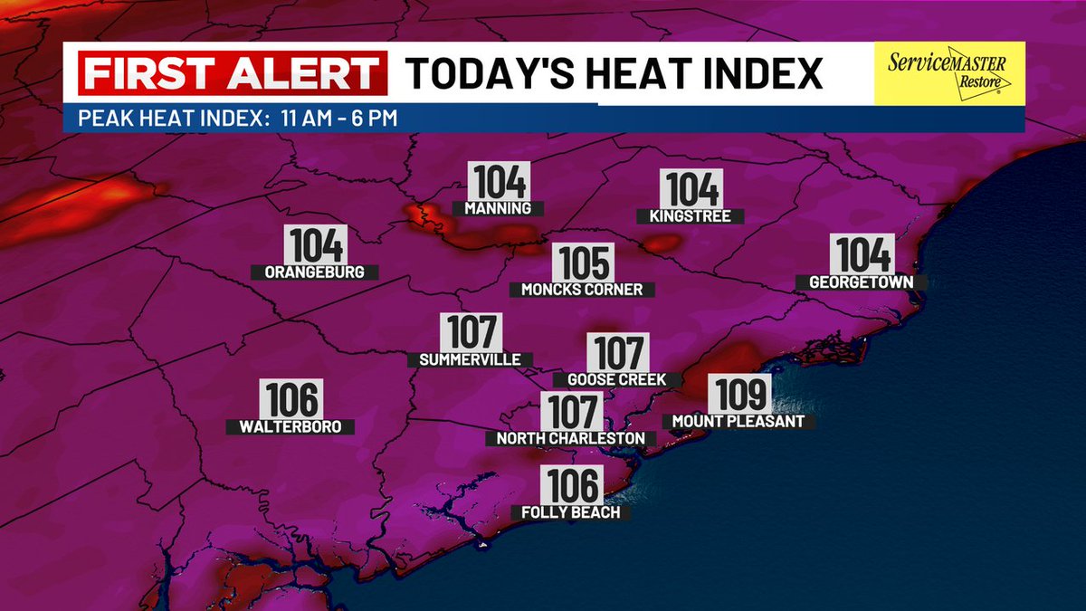 JoeySovine's tweet image. HEAT INDEX 105 - 110°!🥵
A Heat Advisory is in effect for Georgetown and Williamsburg counties today! Elsewhere - no advisory but as hot, if not hotter. The criteria is a little lower in our northern counties compared to elsewhere.
