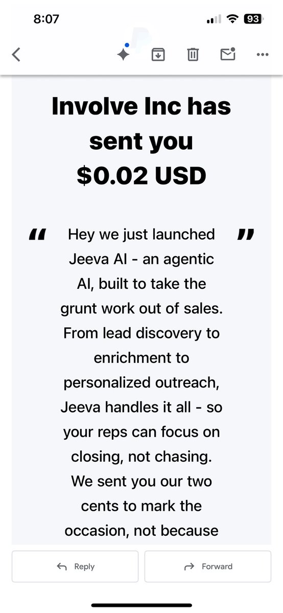 HunkyDoryTX's tweet image. Talk about a cold outreach!
Never seen this one before… $.02 sent to me on PayPal with a pitch for an AI sales tool
