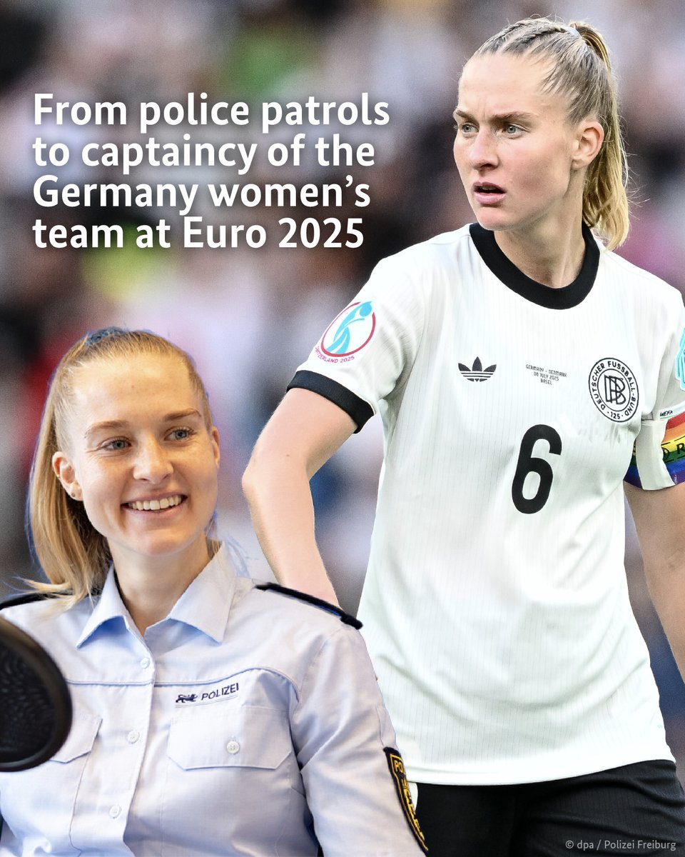GermanEmbassy's tweet image. Germany captain Janina Minge was on patrol as a police officer alongside playing in the Women's Bundesliga until last summer.
After a last-minute call up to the 2024 Olympics, she's played every game for Germany since and has put her police career on hold. #FRAGER #WEURO2025