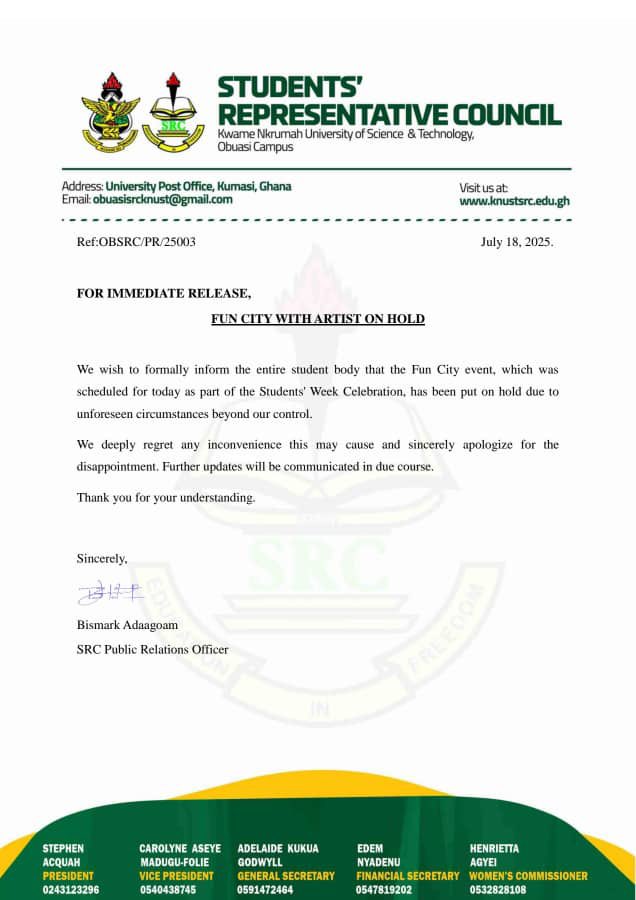 KNUSTNotice's tweet image. ‼️ATTENTION STUDENTS‼️

The much-anticipated KNUST Obuasi Campus Fun City with Artist event scheduled for today has been put on hold indefinitely

We apologize for the inconvenience.
Stay tuned for updates 👀
#KNUST #EventUpdate #FunCity