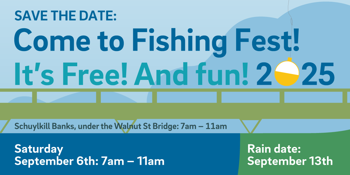 PhillyH2O's tweet image. SAVE THE DATE and join us on the Schuylkill Banks for our annual Fishing Festival! We will have fishing gear for you to borrow and prizes for you to win! Kids and beginners welcome. Registration coming soon.