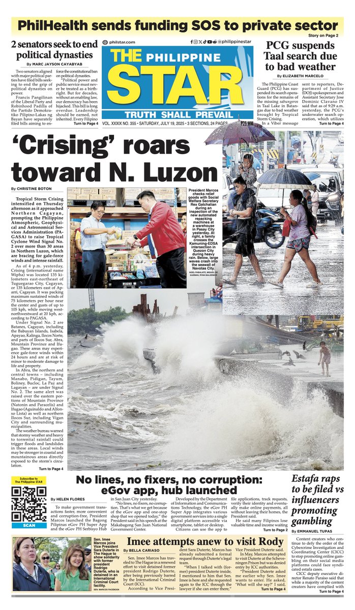 Today's front page, Saturday, July 19, 2025

Subscribe to the paper: philstarsubscribe.com

Subscribe to our social media channels:
Facebook: facebook.com/PhilippineSTAR
X (Twitter): x.com/PhilippineStar
Instagram: instagram.com/philippinestar
TikTok: tiktok.com/@philippinestar
Reddit: