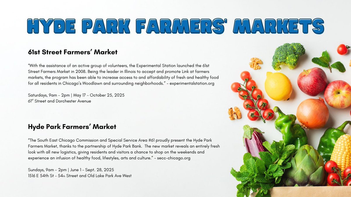 TTIC_Connect's tweet image. Summer in Hyde Park, #Chicago, means fresh produce, local treats, and sunny strolls! Check out the neighborhood farmers' markets near TTIC — perfect for a break or weekend adventure.
