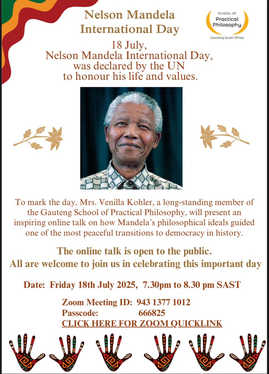 b_tebatso's tweet photo. Join the insightful online Talk by The School of Practical  Philosophy- Gauteng at 7:30pm tonight to learn from the one we honour today, NelsonMandela.❤️

#MandelaDay https://t.co/BlfzGD5Pto