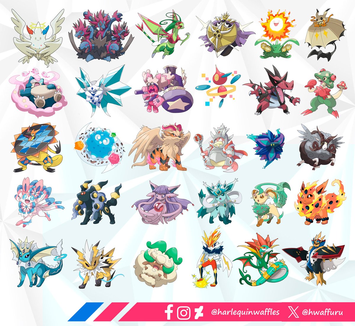 hwaffuru's tweet image. Can't wait for next week's news! In the meantime, here are all the Fakemon Megas I've drawn so far. ✨🧬Which one's your favorite? #fakemon #PokemonLegendsZA #megaevolution #pokemon