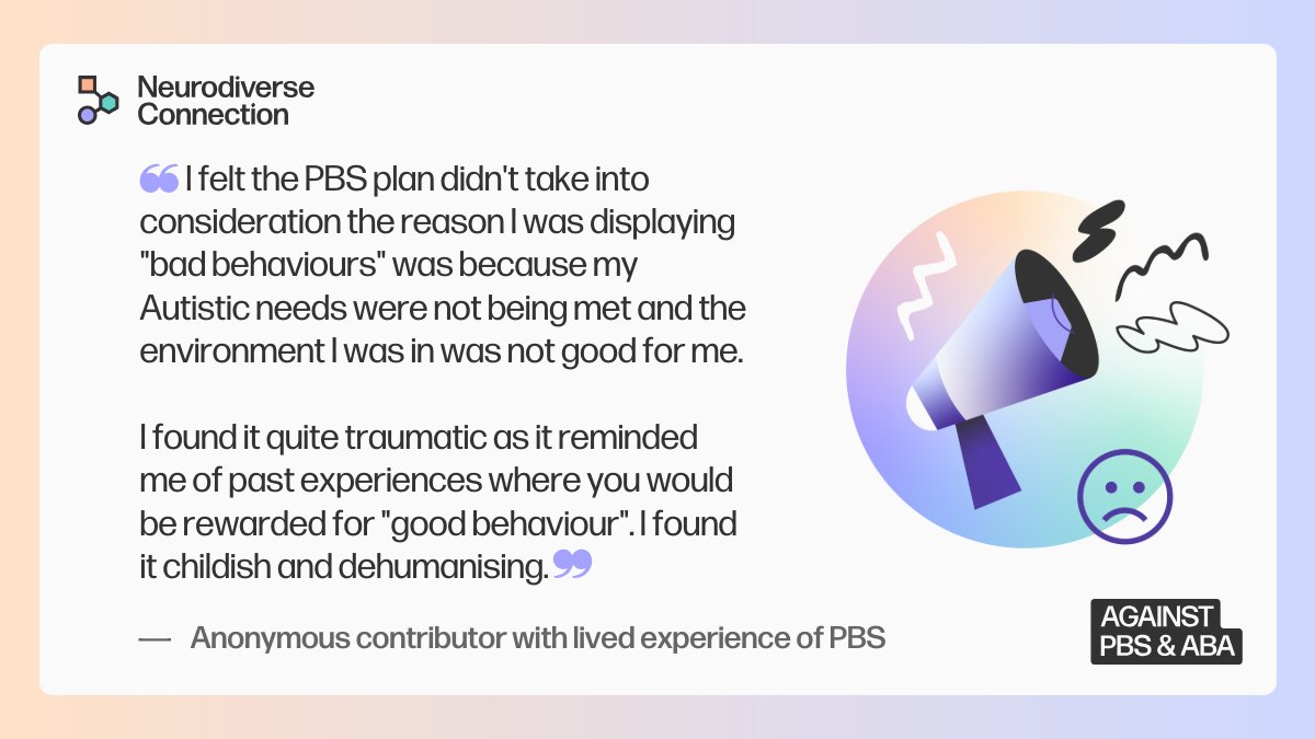 Do you have lived experience of undergoing PBS/ABA? 

If so, we want to hear your story.

ndconnection.co.uk/against-pbs-ab…

The quote below comes from an anonymous contributor who has lived experience of PBS.

#AgainstPBSandABA