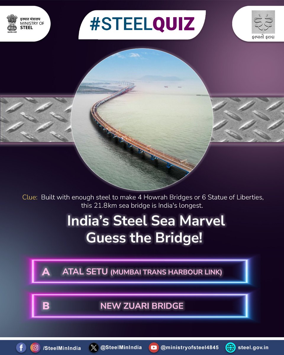 SteelMinIndia's tweet photo. Steel That Could Build 6 Statues of Liberty? 🤯
India’s longest sea bridge is a feat of engineering and steel power.
Can you guess the name of this iconic marvel?👇
#SteelQuiz #BuiltBySteel #ViksitBharat #InfrastructureIndia
@MORTHIndia @PIB_India @PibSteel https://t.co/Y7ku2J4NuU