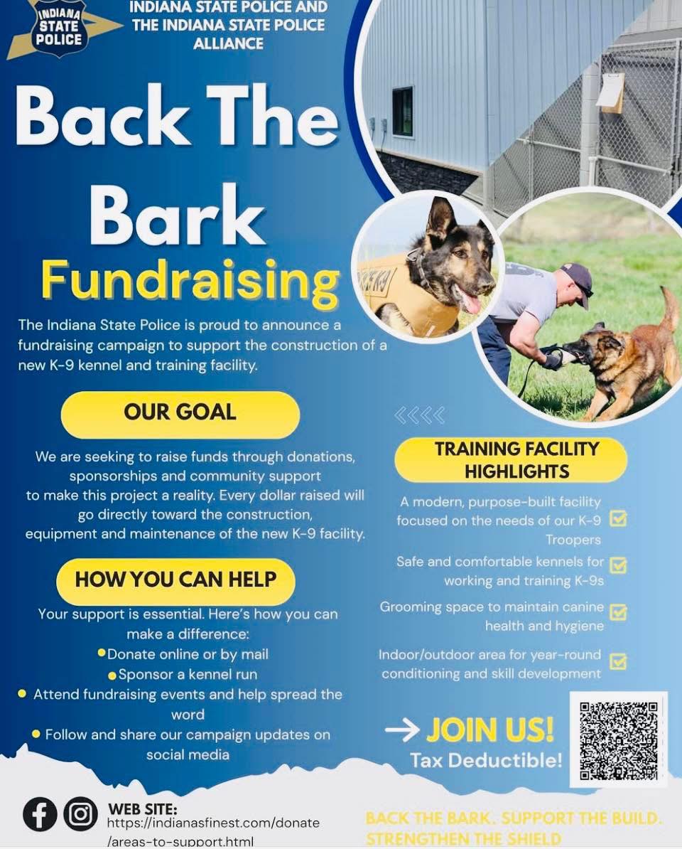 ISPPeru's tweet image. ๐จ๐พBack The Bark! ๐พ๐จ
@IndStatePolice are raising funds for a new K-9 kennel & training facility! Help support the heroes who protect us -- both 2-legged and 4! ๐ถ๐
Let's #BackTheBark and keep our K-9s mission ready!