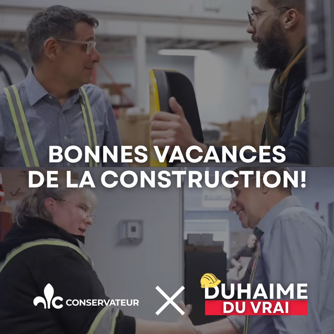 E_Duhaime's tweet image. Je souhaite, à tous les travailleurs du Québec qui tombent en vacances dans quelles heures, bonnes vacances de la construction!!!
Profitez-en! Reposez-vous bien!
Vous le méritez. Vous vous levez tôt et travaillez fort.
Mais n’oubliez pas qu’il y a des élections dans…