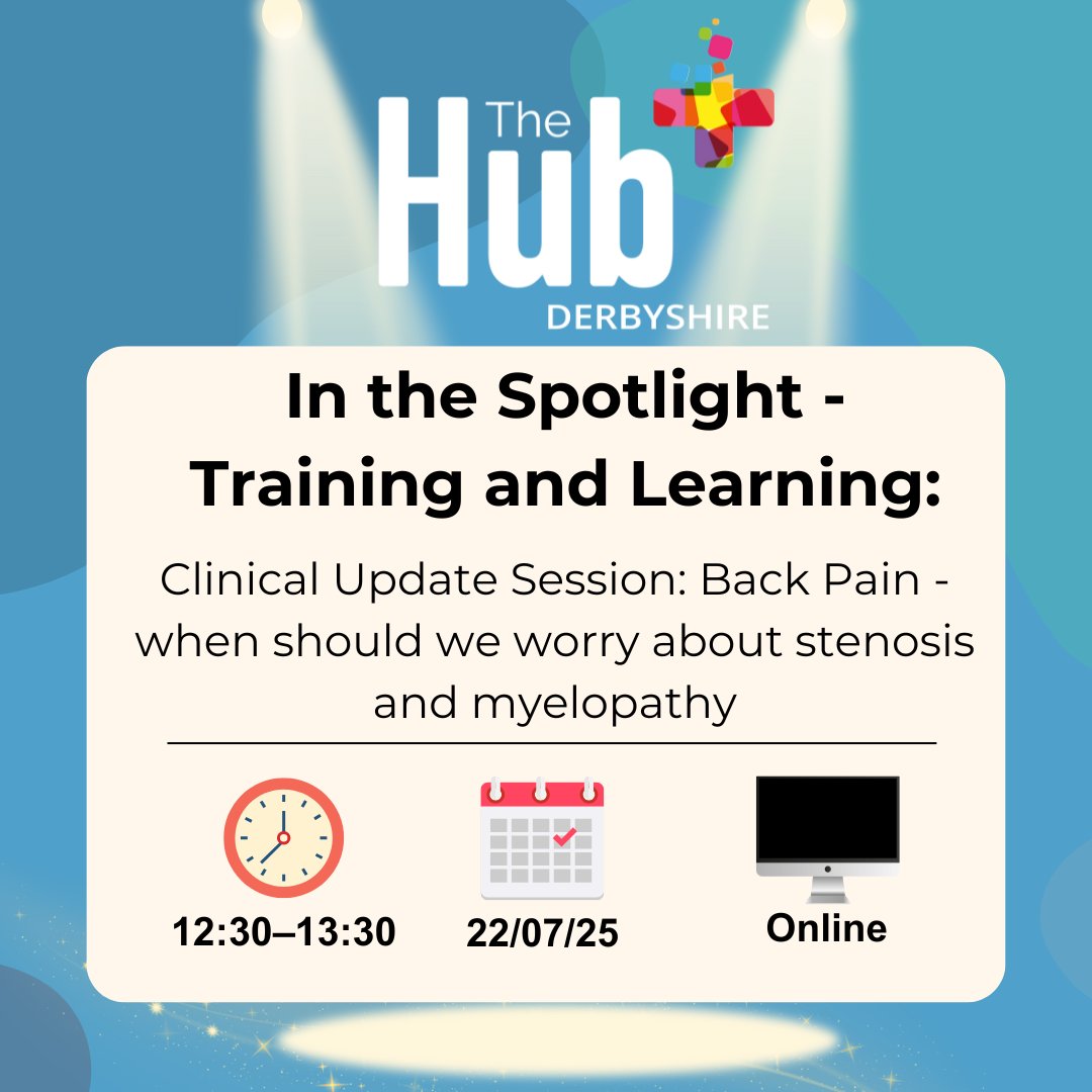 This months Training and Learning Spotlight -

Clinical Update Session: Back Pain - when should we worry about stenosis and myelopathy

Click here to find out more and sign up: thehubplus.co.uk/course/584