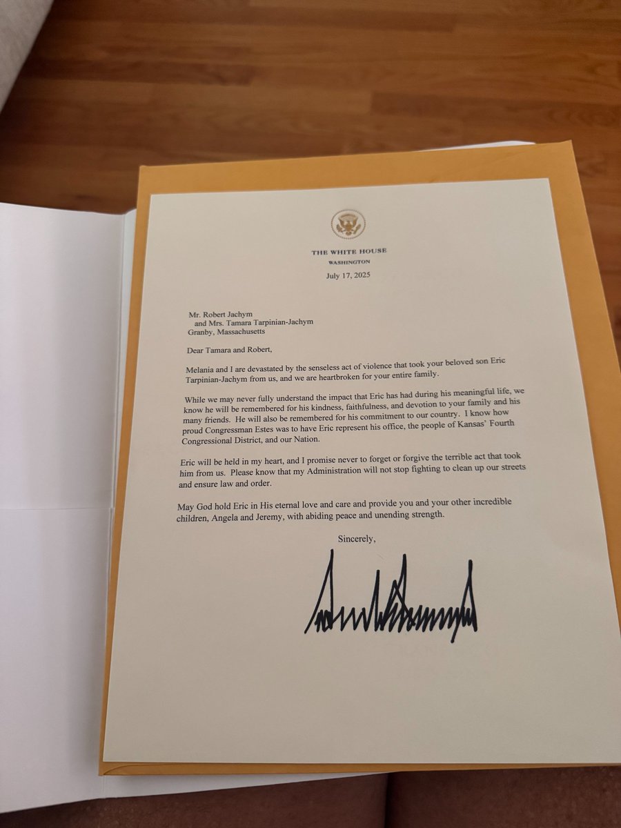 HowieCarrShow's tweet image. Here is letter President Trump sent to the parents of Eric Tarpinian-Jachym yesterday after the murder of their son, a 21-year-old senior at UMass-Amherst. He was a summer aide to Rep. Ron Estes, R-KS, shot to death in a volley of shots aimed at somebody else in DC on July 1. MA…