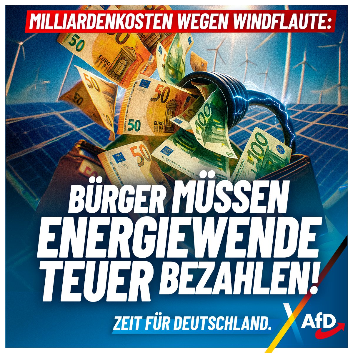 AfD's tweet image. +++ Milliardenkosten wegen Windflaute: Bürger müssen teure Energiewende bezahlen! +++
7,14 Milliarden Quadratmeter – so viel Fläche soll Deutschland nach dem Willen der Klimafanatiker für Windräder und Solaranlagen opfern. Das entspricht einer Million Fußballfelder. Um das von…