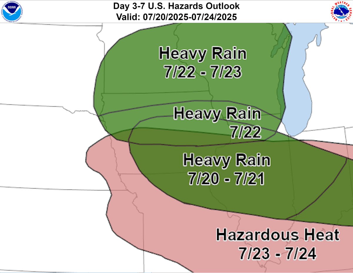 IAStormChasing's tweet image. Heavy rain and hazardous heat will be the story next week. The heavy rain potential will start this weekend and will continue into next week as the heat builds in. Temperatures will be in the 90s with heat index values in the 100s.