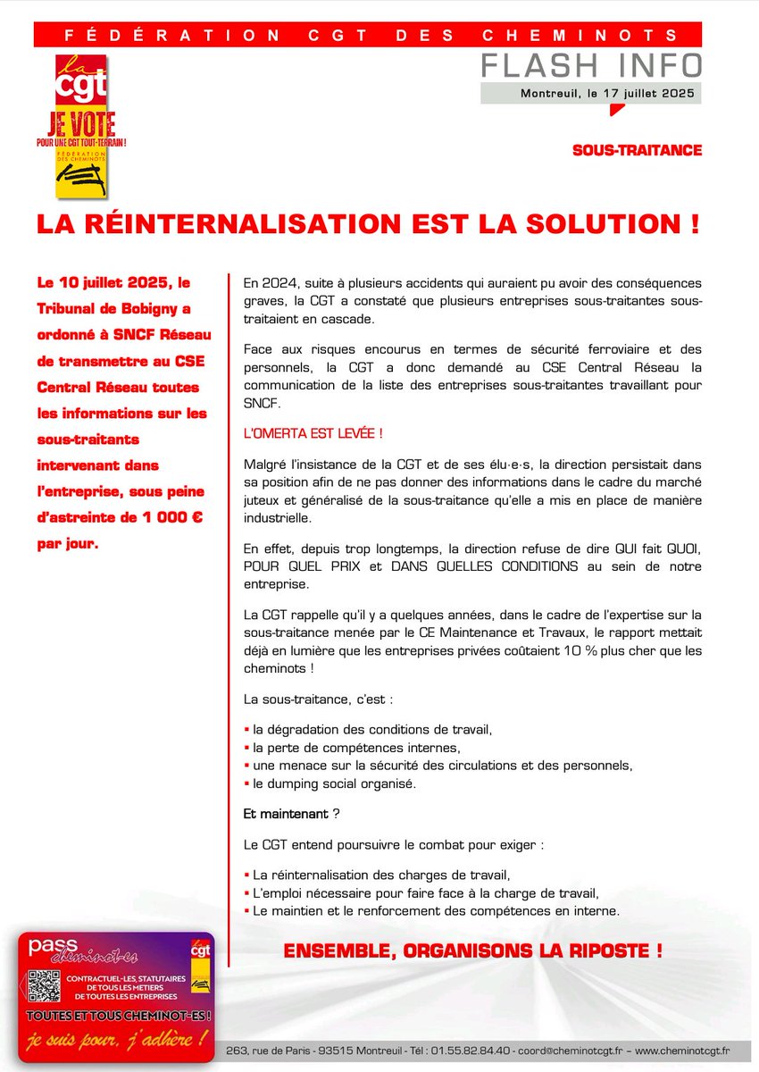 FLASH INFO CGT
SOUS TRAITANCE:
La réinternalisation et la solution !