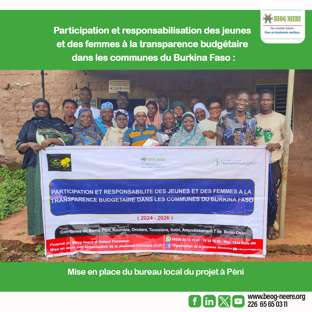 Péni | 11 juillet 2025
Un bureau local a été installé pour renforcer la participation citoyenne au suivi budgétaire communal.
Une initiative de OJF, avec l’appui de #BeogNeere et le soutien de @HewlettFoundation.