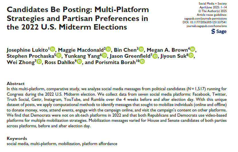 Elections Research Center (@electionscenter) on Twitter photo How do congressional candidates tailor messages across platforms? Research by ERC affiliate <a href="/Ross_Dahlke/">Ross Dahlke 🔑</a> and coauthors finds mobilization strategies vary by platform, not just party, but that only Republicans used alt-tech like Truth Social.
Read here:
doi.org/10.1177/205630… How do congressional candidates tailor messages across platforms? Research by ERC affiliate <a href="/Ross_Dahlke/">Ross Dahlke 🔑</a> and coauthors finds mobilization strategies vary by platform, not just party, but that only Republicans used alt-tech like Truth Social.
Read here:
doi.org/10.1177/205630…