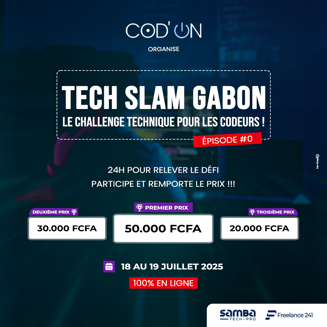 Cod'On (@codonevent) on Twitter photo 🚨 TECH SLAM GABON #0 EST LANCÉ !
🎯 Mission : Gérer des données Excel
🏆 100k FCFA de prix
📧 Soumission : groupecodon241@gmail.com
⚠️ 50 premiers projets seulement !
🔗 Sujet complet : codon.ga/smart-contract…
Deadline : Demain 18h ⏰
LET'S CODE! 🚀
#TechSlamGabon 🚨 TECH SLAM GABON #0 EST LANCÉ !
🎯 Mission : Gérer des données Excel
🏆 100k FCFA de prix
📧 Soumission : groupecodon241@gmail.com
⚠️ 50 premiers projets seulement !
🔗 Sujet complet : codon.ga/smart-contract…
Deadline : Demain 18h ⏰
LET'S CODE! 🚀
#TechSlamGabon