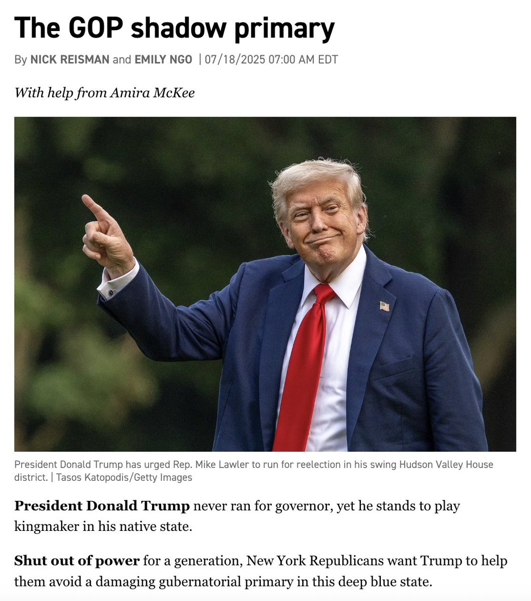addisondick0's tweet image. NEW from @politico: Trump "stands to play kingmaker" in the GOP primary for #NYGov.
Elise Stefanik, Mike Lawler, and Bruce Blakeman have made their shadow primary all about Trump, not New Yorkers.
politico.com/newsletters/ne…