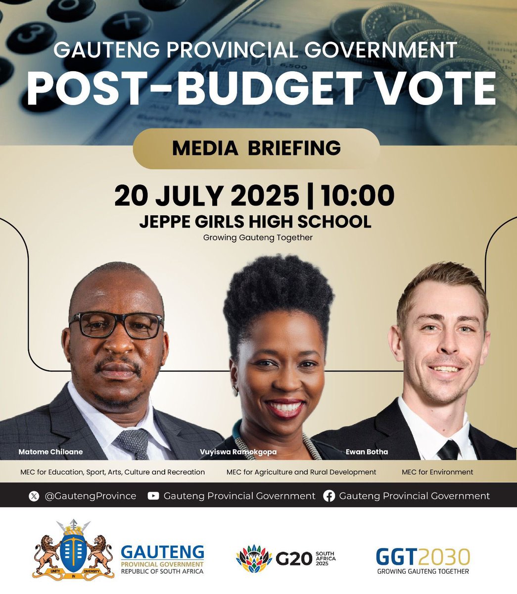 Gauteng Provincial Gov (@gautengprovince) on Twitter photo Gauteng MECs for <a href="/EducationGP1/">Gauteng Department of Education</a>, <a href="/GautengSACR/">Gauteng Dept. of Sport, Arts, Culture & Recreation</a>, <a href="/OfficialGDARD/">GP_AgricRural</a> and
<a href="/GEnviroment/">Gauteng Department of Environment</a> will on Sunday , 20 July 2025 brief the media on their Budget Votes delivered on Thursday. Education MEC, <a href="/matomekopano/">Matome Chiloane</a> will also outline
the 2026 Online Admissions application process for Grade 1 & 8. Gauteng MECs for <a href="/EducationGP1/">Gauteng Department of Education</a>, <a href="/GautengSACR/">Gauteng Dept. of Sport, Arts, Culture & Recreation</a>, <a href="/OfficialGDARD/">GP_AgricRural</a> and
<a href="/GEnviroment/">Gauteng Department of Environment</a> will on Sunday , 20 July 2025 brief the media on their Budget Votes delivered on Thursday. Education MEC, <a href="/matomekopano/">Matome Chiloane</a> will also outline
the 2026 Online Admissions application process for Grade 1 & 8.