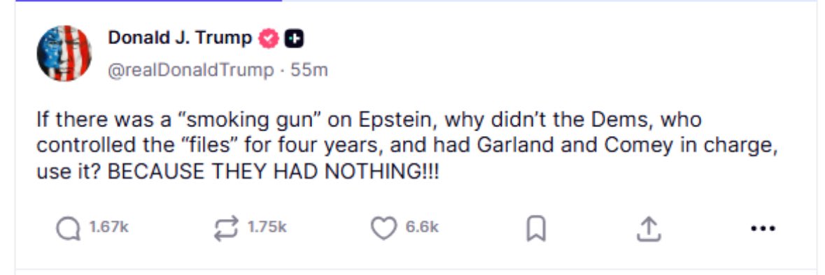 Angry_Staffer's tweet image. As usual, Trump is making the Epstein report entirely about him. Makes you wonder.
But anyway, I repeat: we don’t care WHO trafficked children with Epstein. We want every single one of them charged to the fullest extent possible, regardless of party.