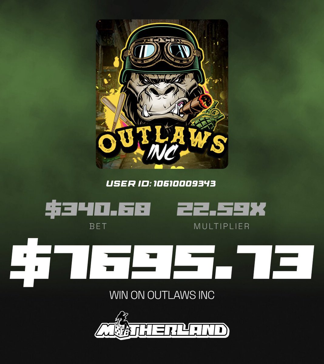 PlayMotherland's tweet image. $340.68 in → $7,695.73 out
That’s a 22.59x hit on Outlaws Inc. 🎰💥
One spin. One shot. One outlaw-sized payday.
Play now on Motherland—the Wild West is wide open.
