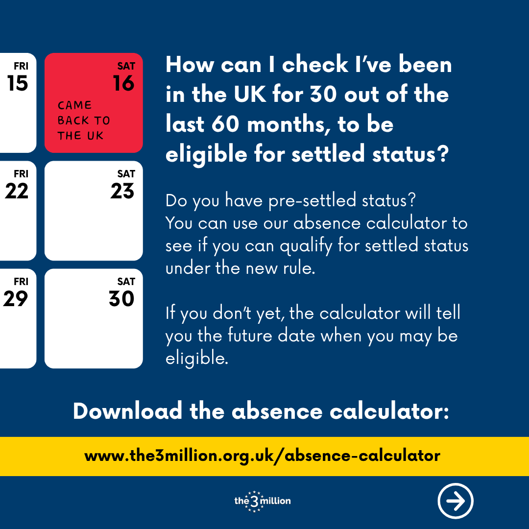 the3million's tweet image. The new absence rules for pre-settled status holders have come in: people are eligible for settled status if they have been resident in the UK for 30 months out of the last 60 months.
Use our absence calculator to figure out how many absences you've had:
the3million.org.uk/absence-calcul…